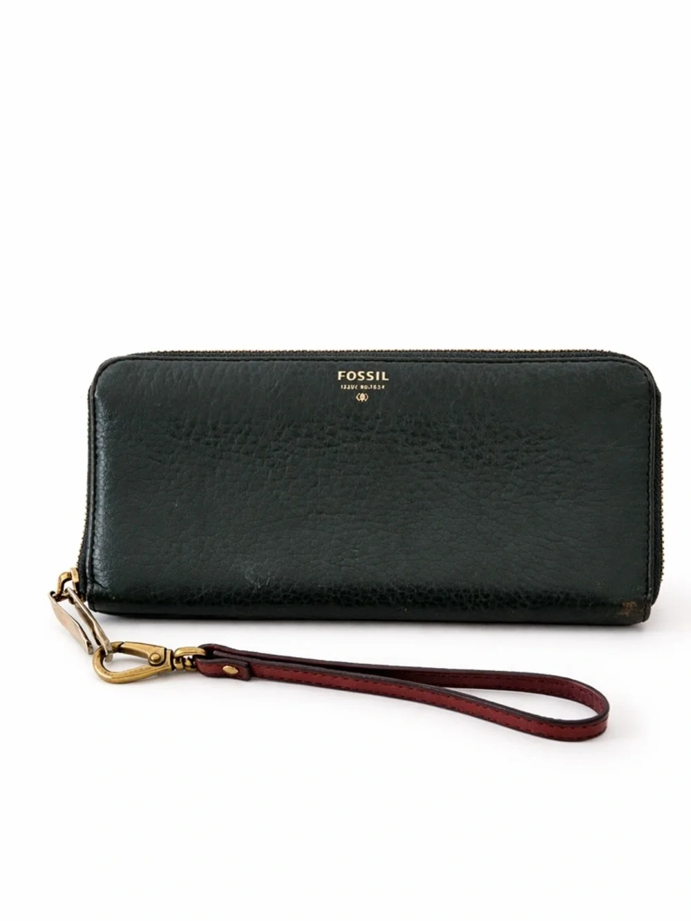 Fossil Green Leather Zip Around Wallet Wristlet Clutch